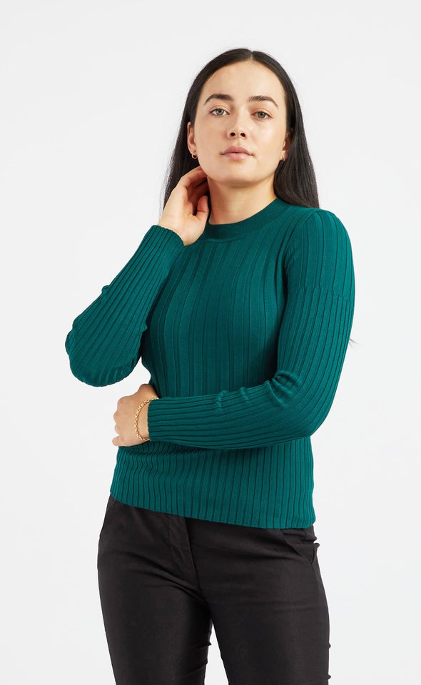 Knitwear Ribbed Mock Neck Top Forest Green
