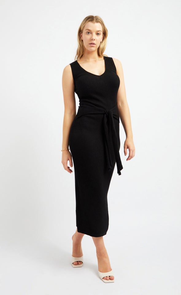 Knitwear Ribbed Tie Waist Dress Black