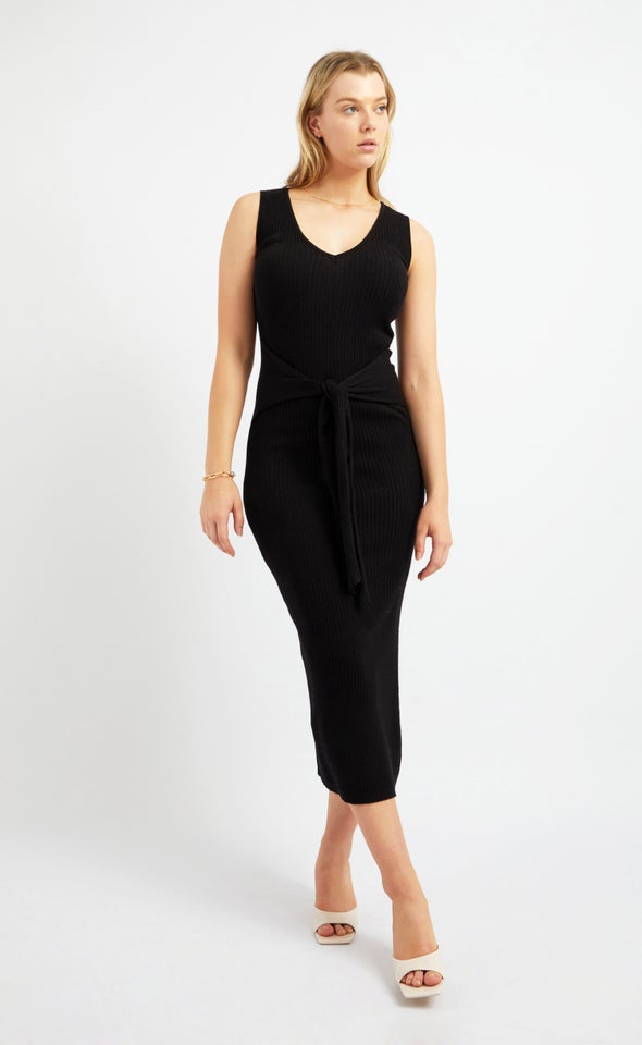 Knitwear Ribbed Tie Waist Dress Black