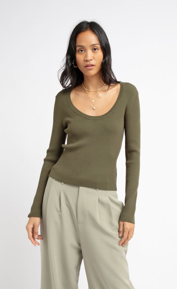 Knitwear Scoop Neck Top Khaki