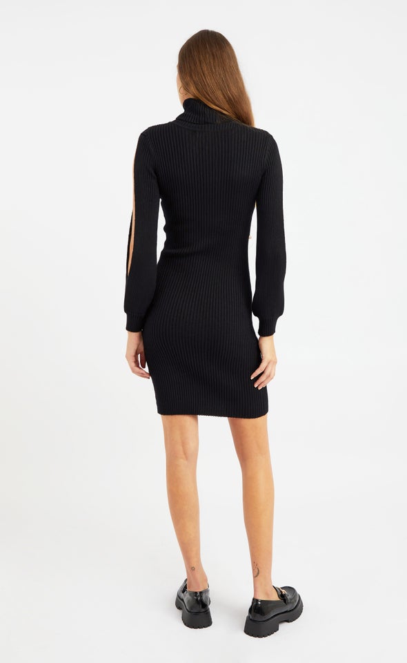 Knitwear Split Sleeve Turtleneck Dress Black