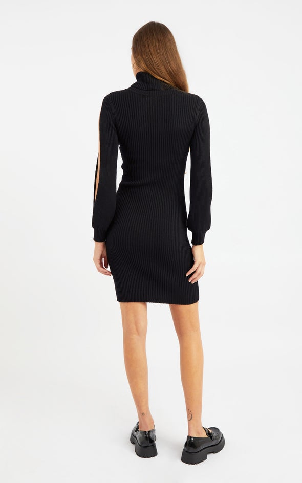 Knitwear Split Sleeve Turtleneck Dress Black