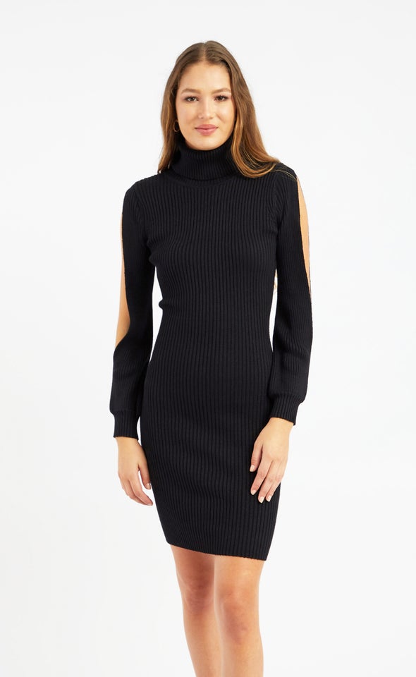 Knitwear Split Sleeve Turtleneck Dress Black