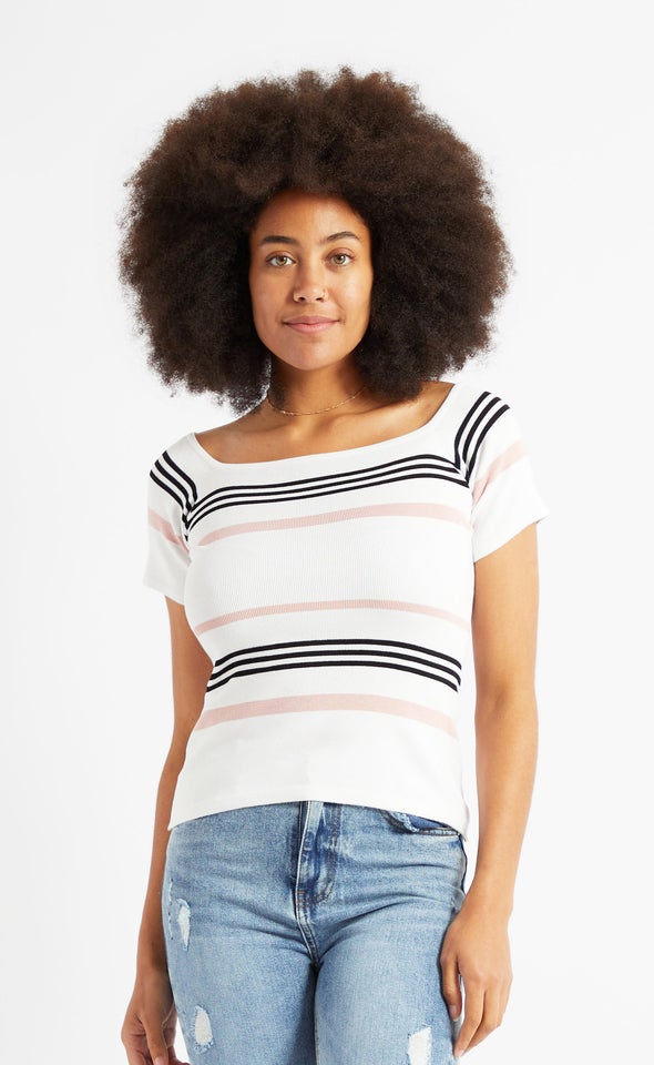 Knitwear Stripe Bardot Sleeve Top White/black/blush
