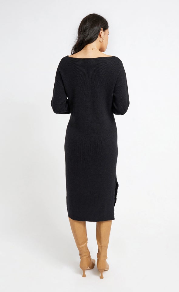 Knitwear V Neck Midi Dress Black
