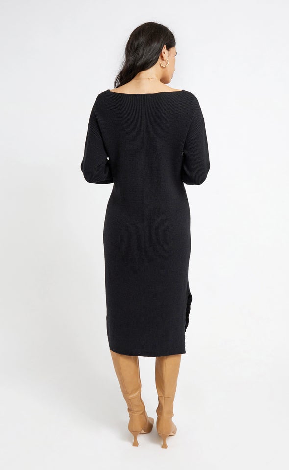 Knitwear V Neck Midi Dress Black