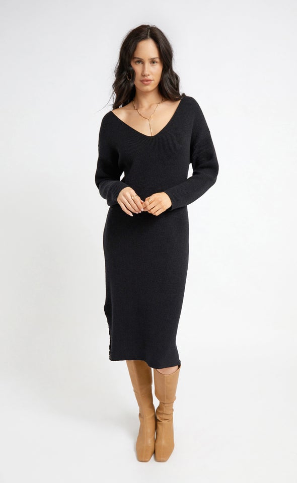 Knitwear V Neck Midi Dress Black