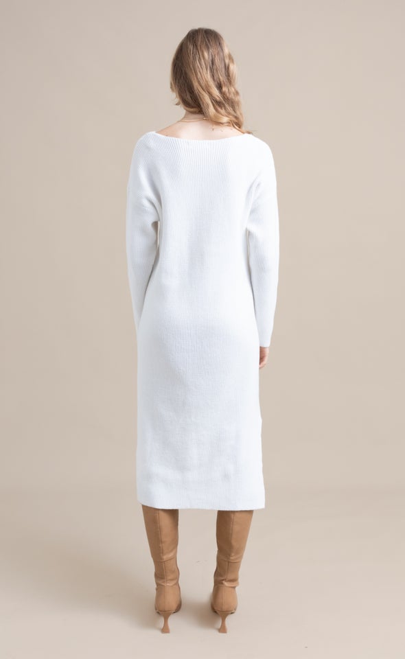 Knitwear V Neck Midi Dress Winter White
