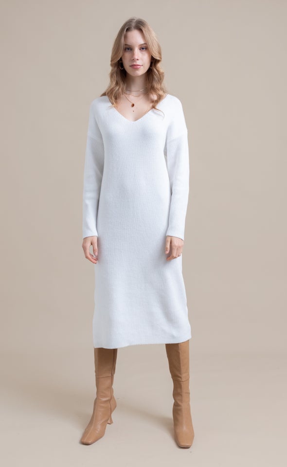 Knitwear V Neck Midi Dress Winter White