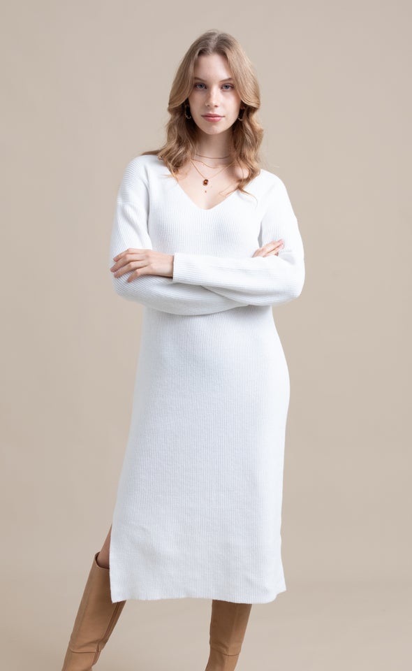Knitwear V Neck Midi Dress Winter White