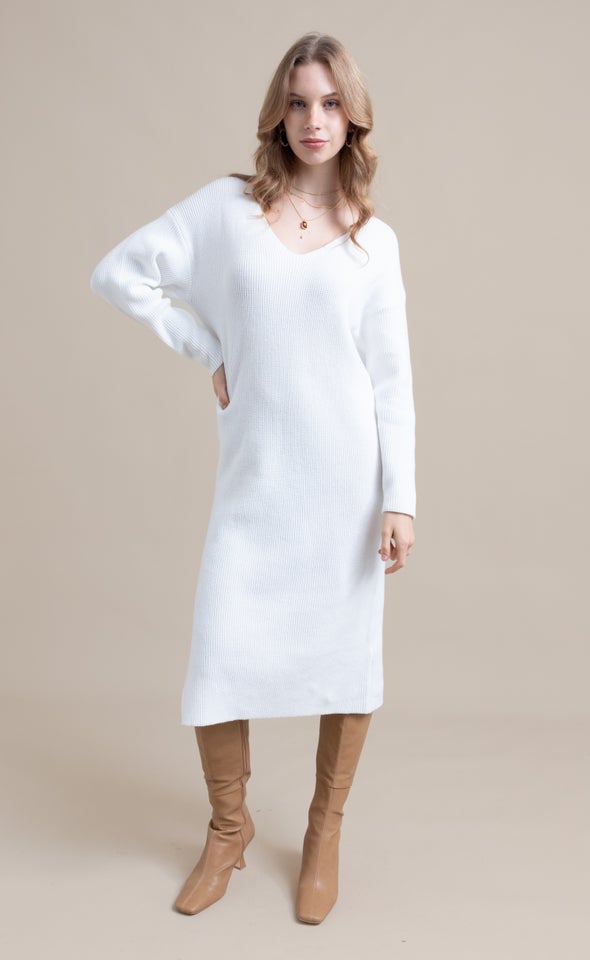Knitwear V Neck Midi Dress Winter White