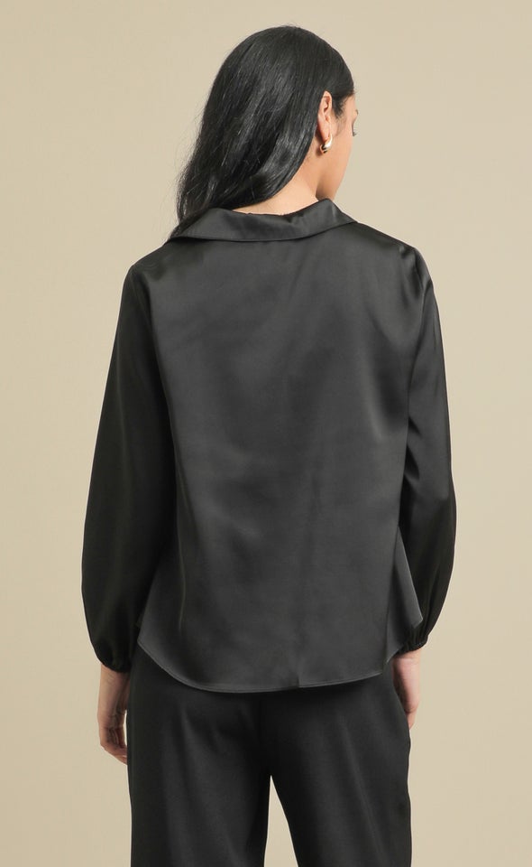Knot Front Satin Shirt Black