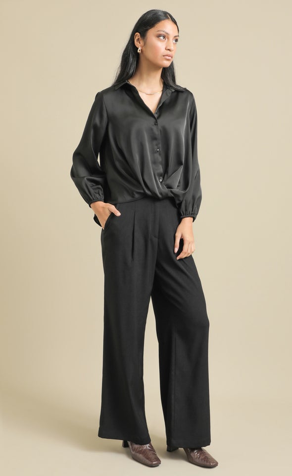Knot Front Satin Shirt Black