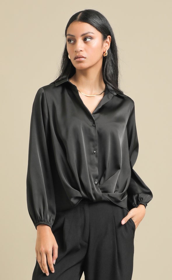 Knot Front Satin Shirt Black