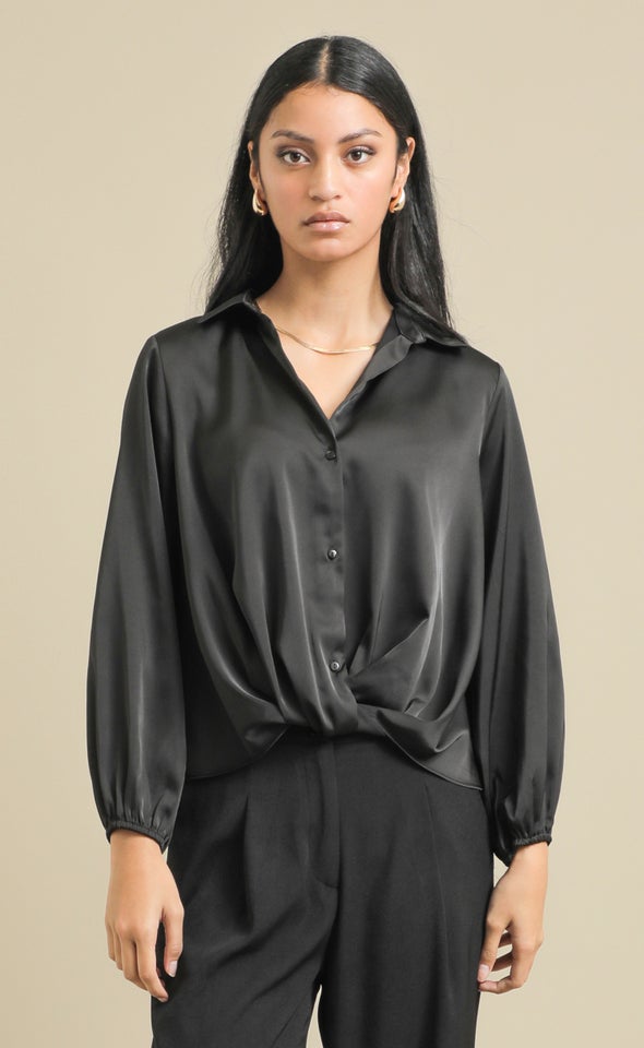 Knot Front Satin Shirt Black