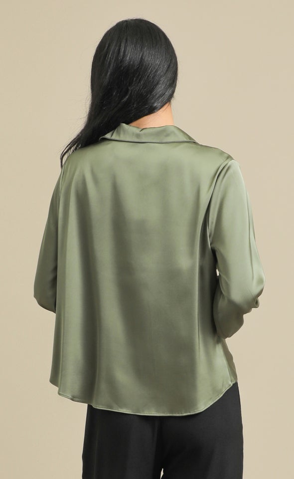 Knot Front Satin Shirt Olive