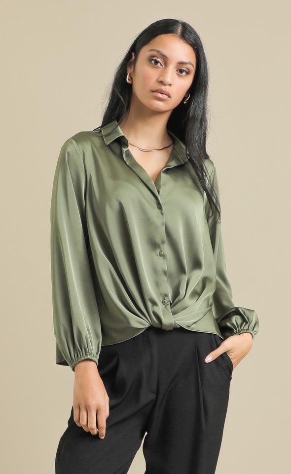 Knot Front Satin Shirt Olive