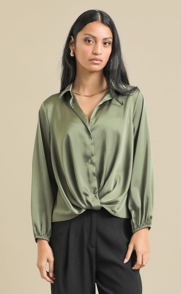 Knot Front Satin Shirt Olive