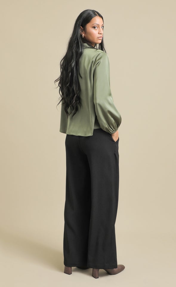 Knot Front Satin Shirt Olive