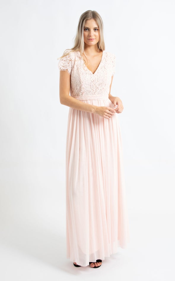 Lace Bodice Cap Sleeve Gown Blush