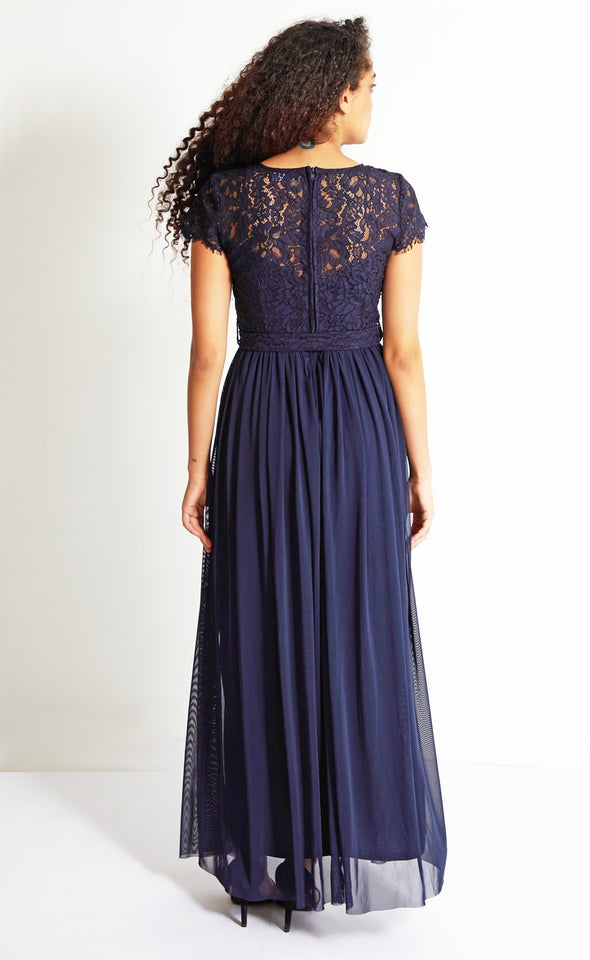 Lace Bodice Cap Sleeve Gown Navy