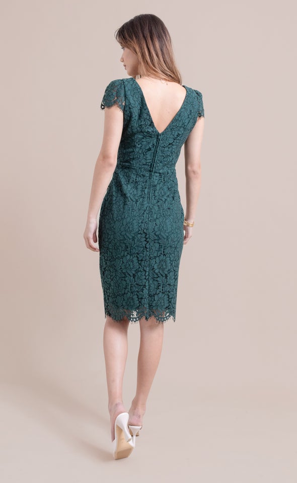 Lace Cap Sleeve Pencil Dress Emerald