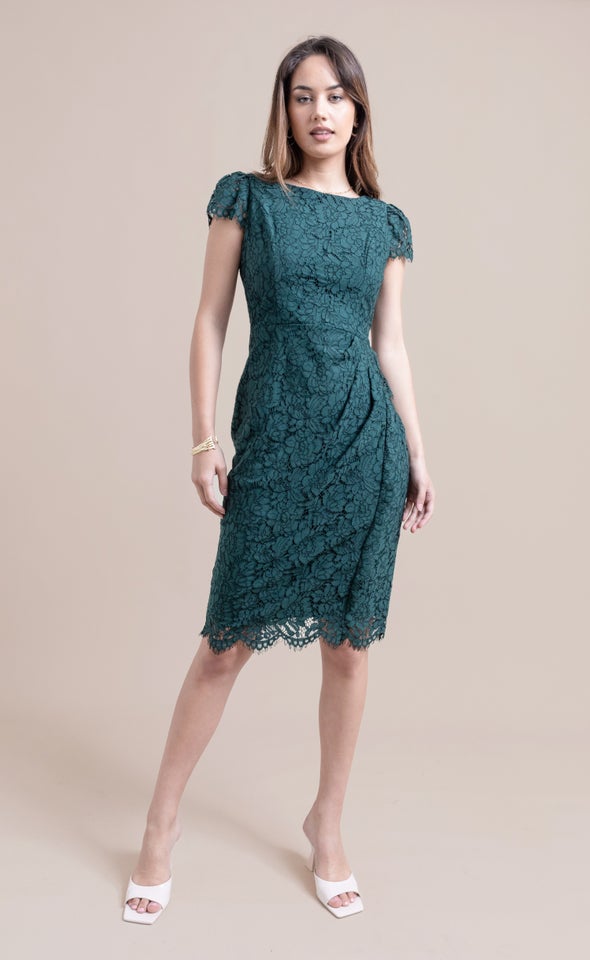 Lace Cap Sleeve Pencil Dress Emerald