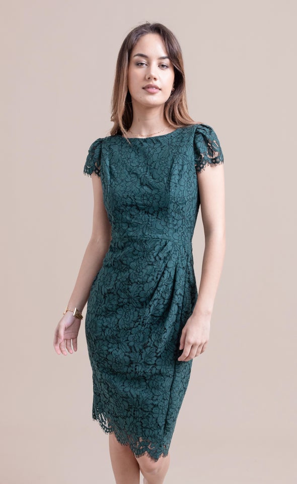 Lace Cap Sleeve Pencil Dress Emerald