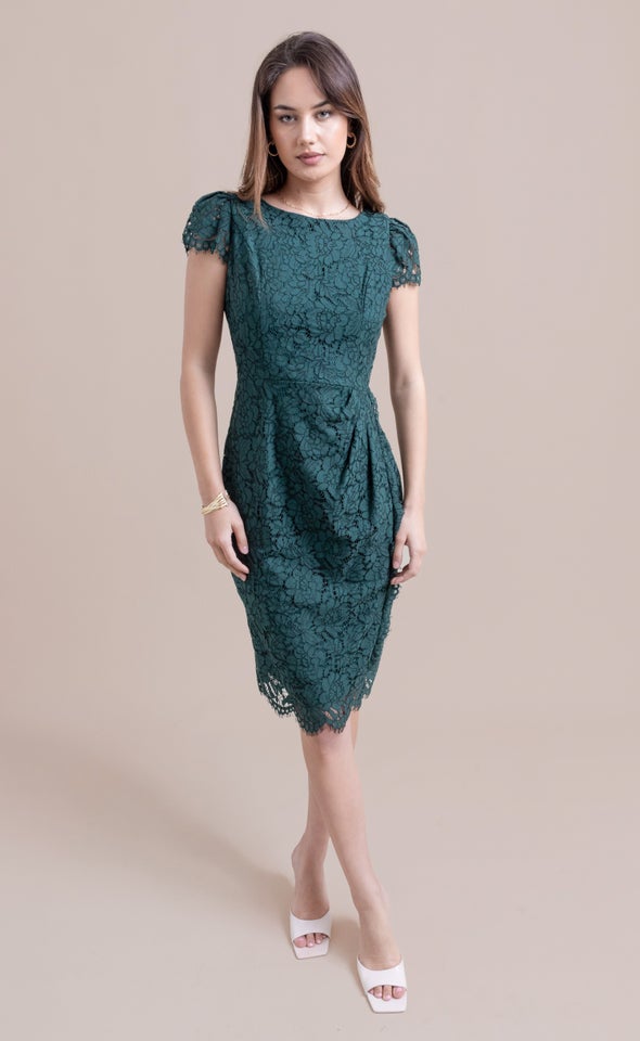 Lace Cap Sleeve Pencil Dress Emerald