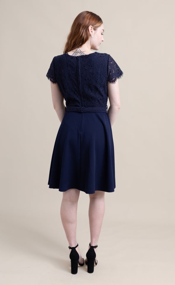 Lace Cap Sleeve Skater Dress Navy