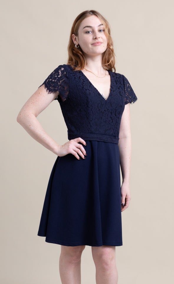 Lace Cap Sleeve Skater Dress Navy