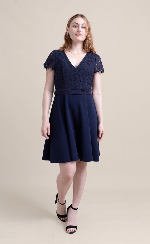 Lace Cap Sleeve Skater Dress Navy