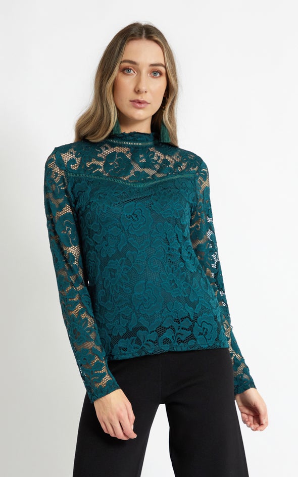 Lace Ladder Trim Long Sleeve Top Emerald