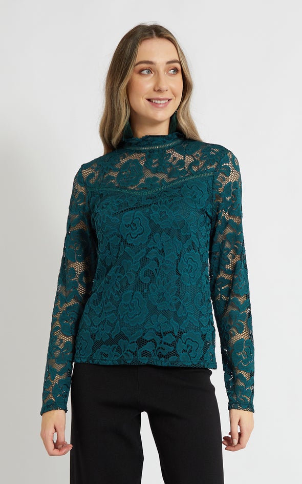 Lace Ladder Trim Long Sleeve Top Emerald