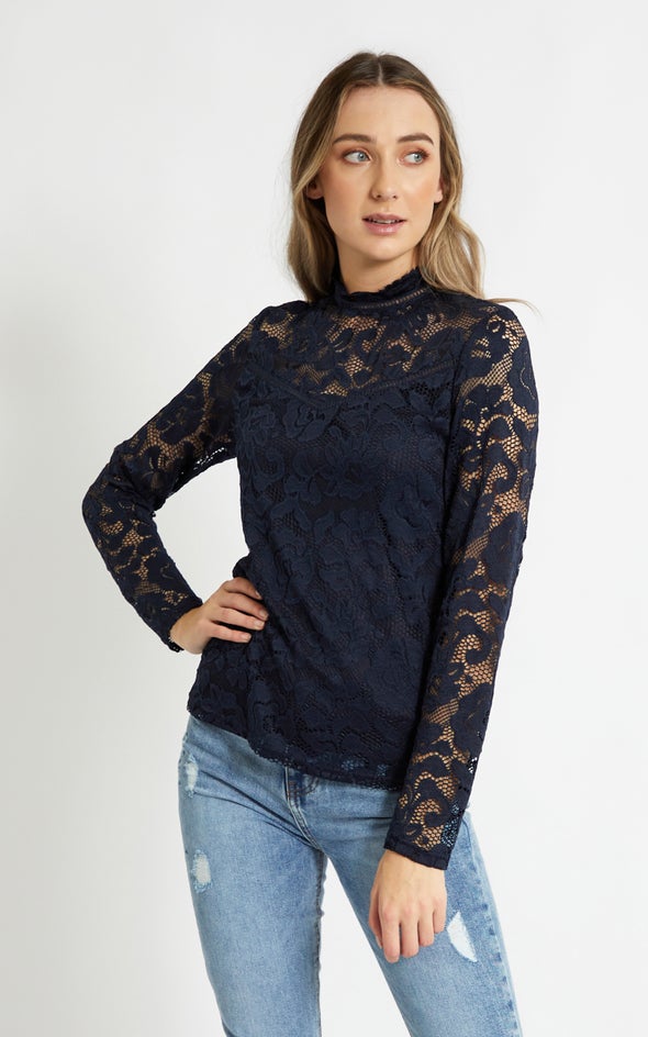 Lace Ladder Trim Long Sleeve Top Navy