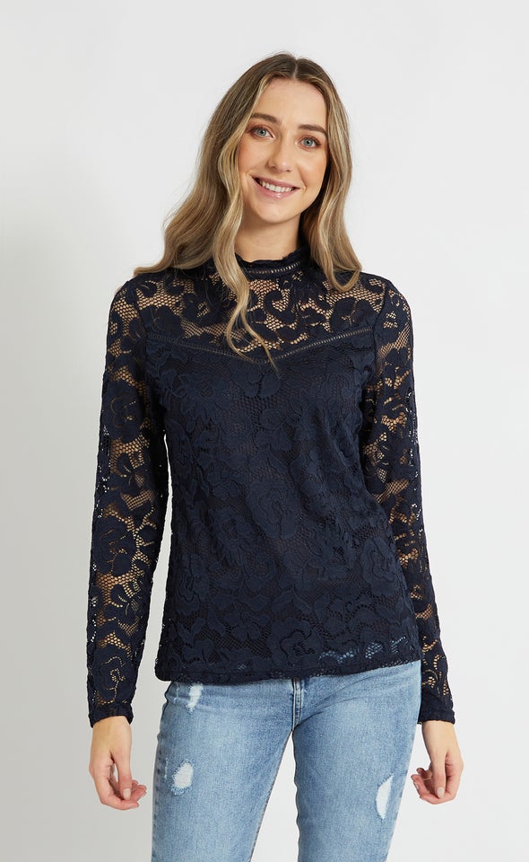 Lace Ladder Trim Long Sleeve Top Navy