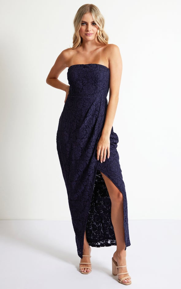 Lace Pleated Gown Navy