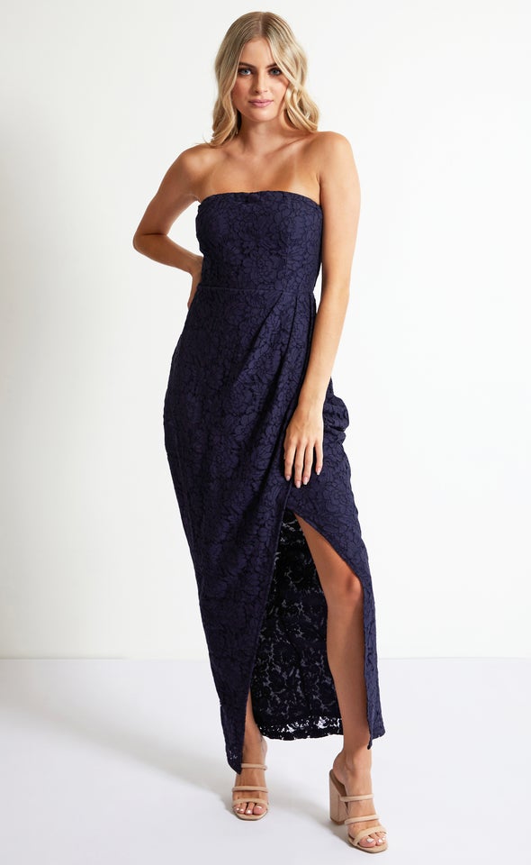 Lace Pleated Gown Navy