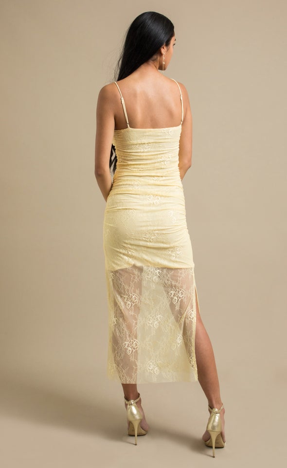 Lace Ruched Gown Yellow