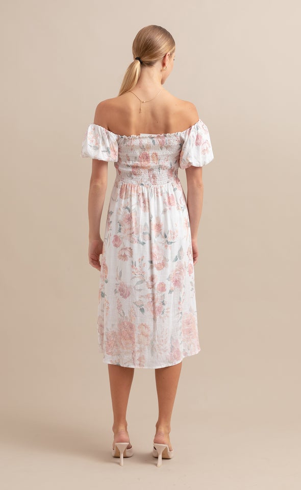 Linen Blend Off The Shoulder Dress Cream/floral