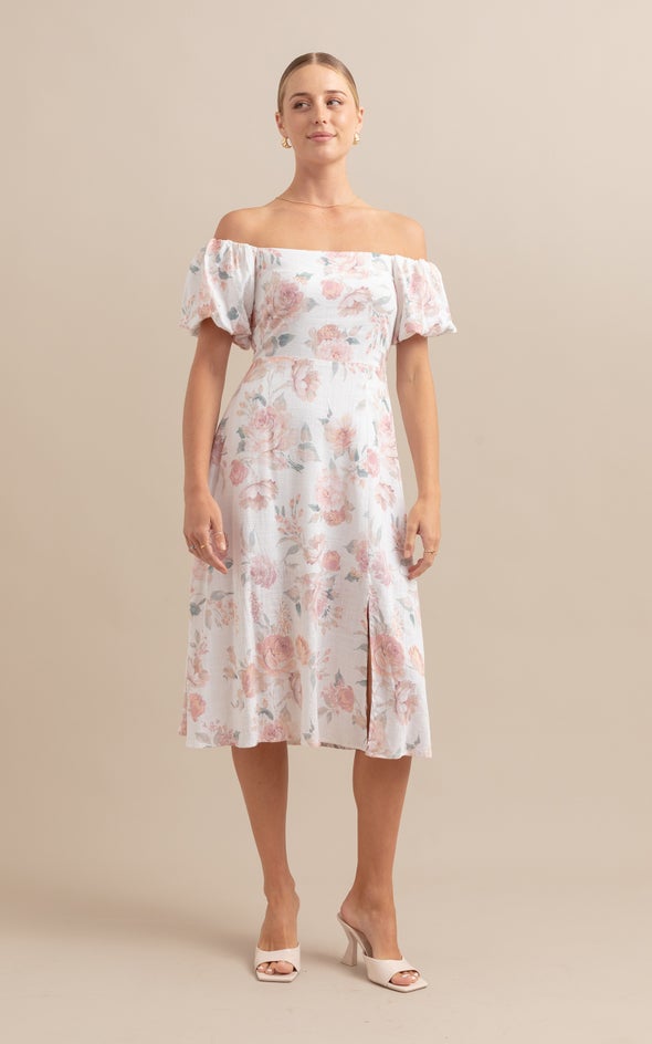 Linen Blend Off The Shoulder Dress Cream/floral