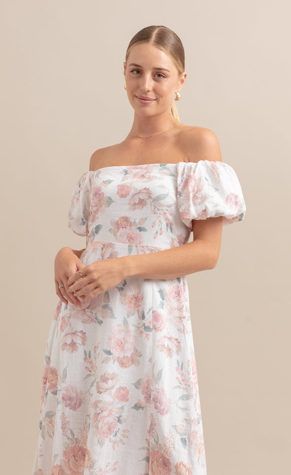 Linen Blend Off The Shoulder Dress Cream/floral