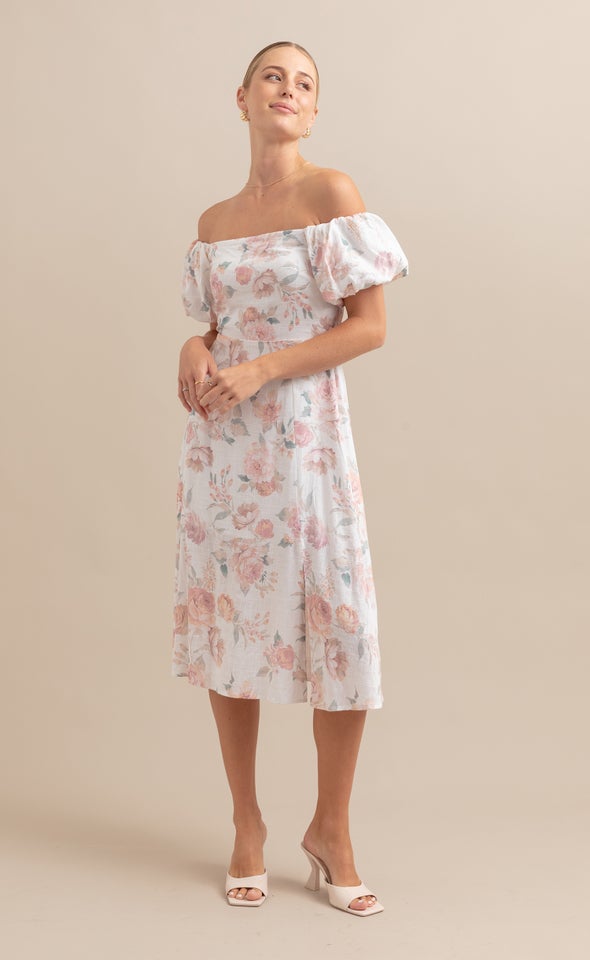 Linen Blend Off The Shoulder Dress Cream/floral