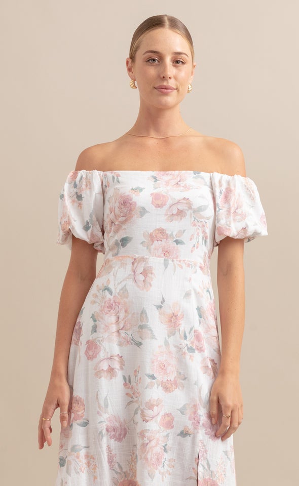 Linen Blend Off The Shoulder Dress Cream/floral