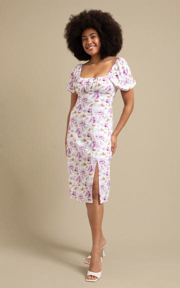 Shop our Linen Blend Ruched Puff Slv Dress in Cream/floral | Pagani