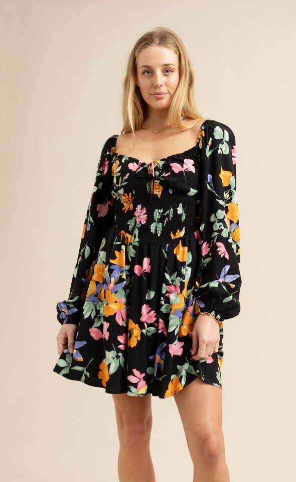 Linen Blend Shirred Corset LS Dress Black/floral