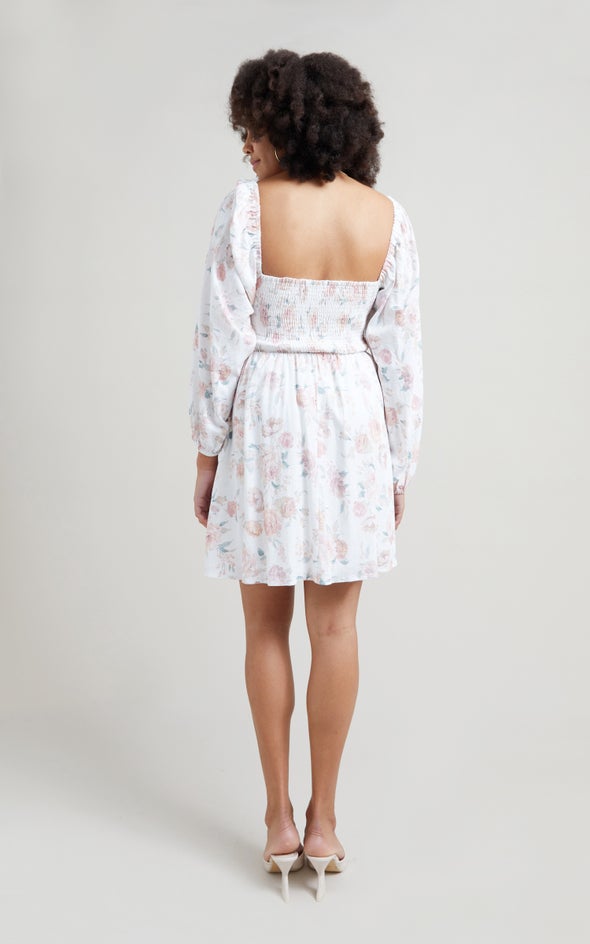 Linen Blend Shirred Corset LS Dress Cream/floral
