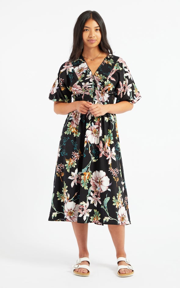 Linen Blend Shirred Midi Dress Black/floral