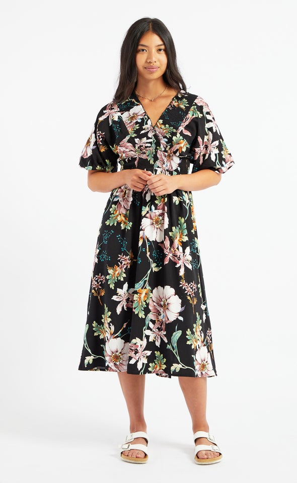 Linen Blend Shirred Midi Dress Black/floral