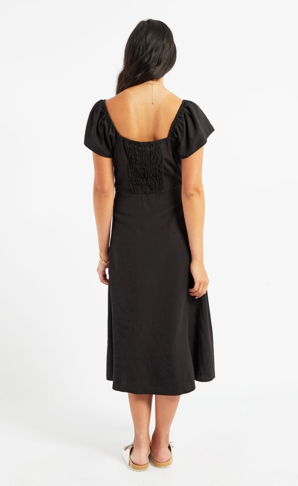 Linen Blend Split Detail Midi Dress Black
